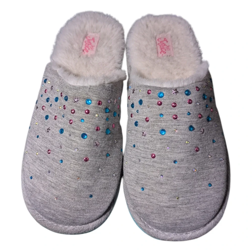 Justice - Girls Grey Studded Slippers Featuring A Rhinestone Design-Size Y 1.5-2